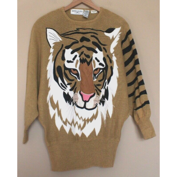 Vintage Bonnie Boerer Sweater Tan Tiger Applique Size Medium M 80s 90s Vtg - Picture 2 of 4